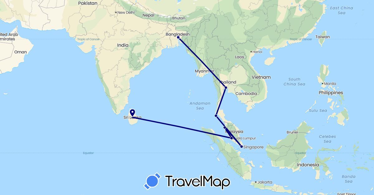 TravelMap itinerary: driving in Bangladesh, Sri Lanka, Malaysia, Singapore, Thailand (Asia)
